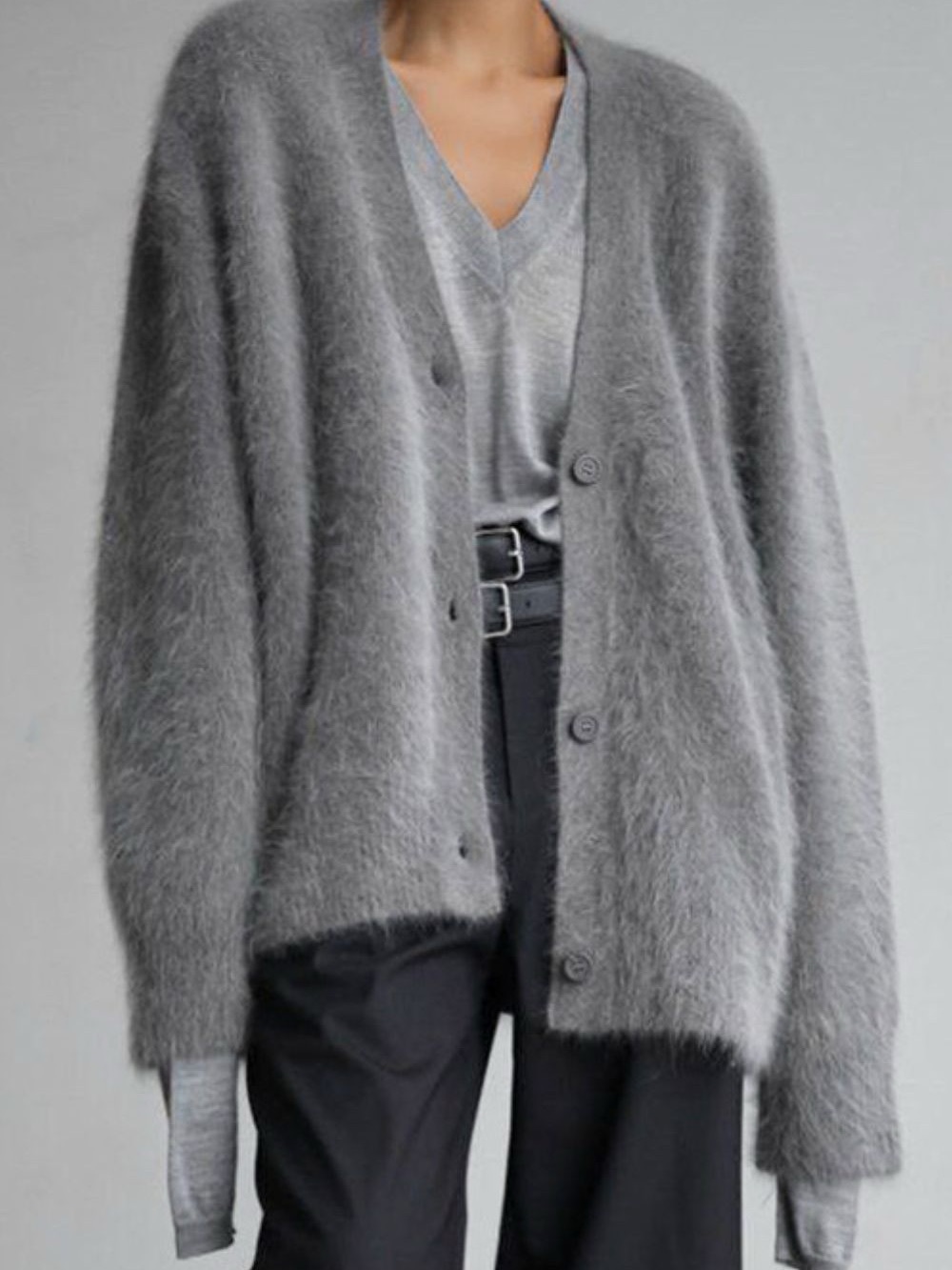 Cozy Gray Fuzzy Button-Front Cardigan